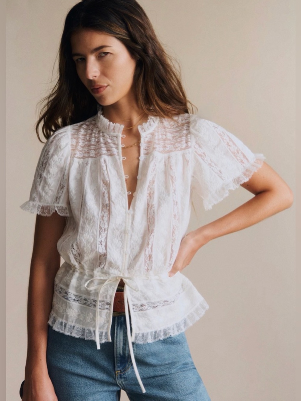 Sezane Shenali White Lace Tie-Waist Women's Blouse